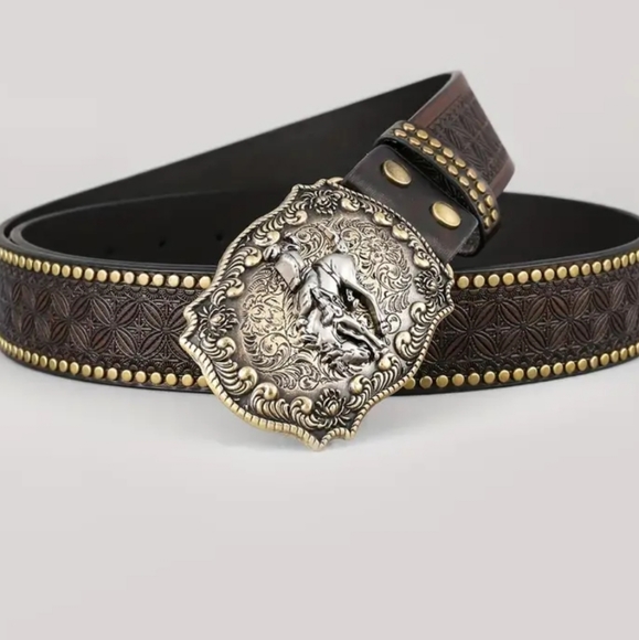 New rodeo horse belt buckle and brown studded embossed belt